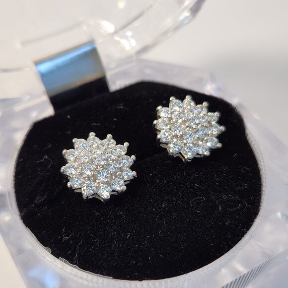 Estate Jewelry - NIB VTG White Zircon - Rainbow - Sunburst Flower 925 Stud Earrings